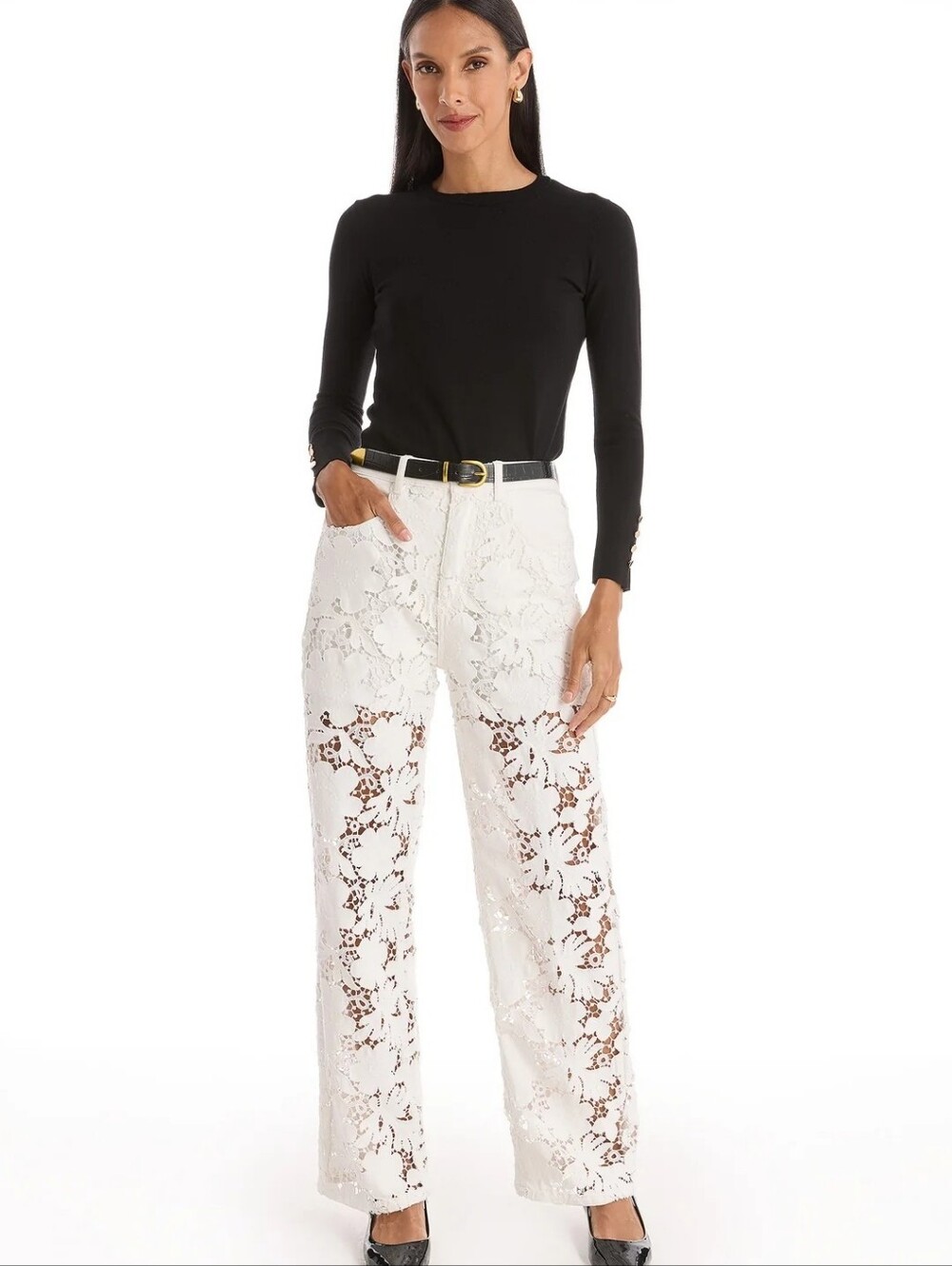 The Noli Shop Celeste High Rise White Floral Crochet Wide Leg Jeans Size 30